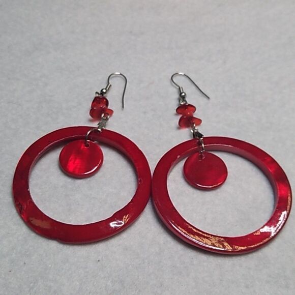 Elegant Candy Apple Red Hoop Earrings Silver Tone Metal Bold and Fun - Picture 5 of 5